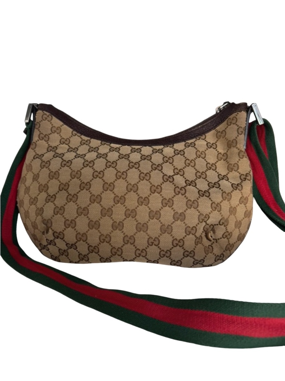 🔥 Authentic Gucci Beige GG Canvas Hobo Bag with Green-Red Web strap half moon - Picture 4 of 16